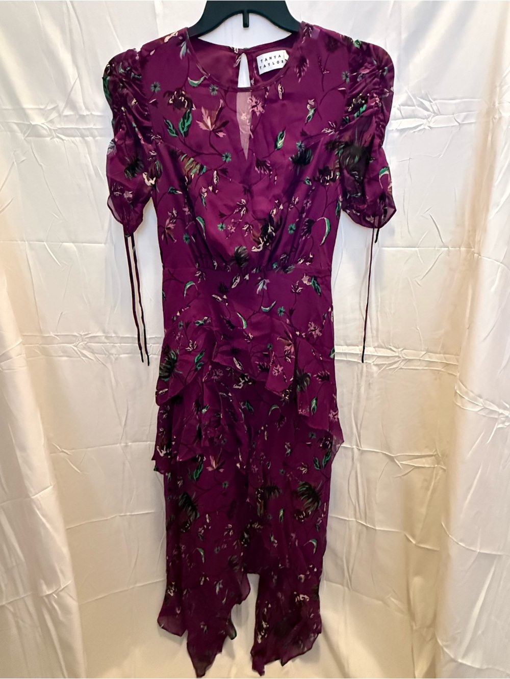 Tanya Taylor Plum Floral Midi Dress with Puff Sleeves